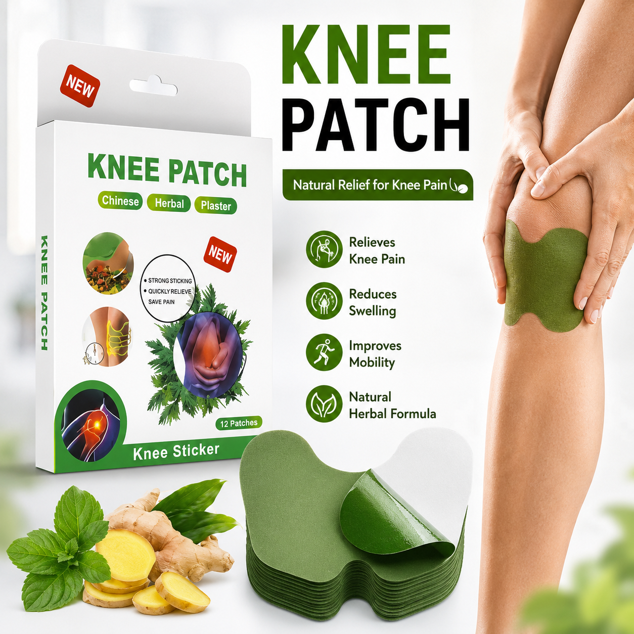 Natural Herbal Knee Pain Relief Patch – Self Heating Knee Support Stickers for Joint Pain, Arthritis & Muscle Relief | 12 Patches Arbish Store